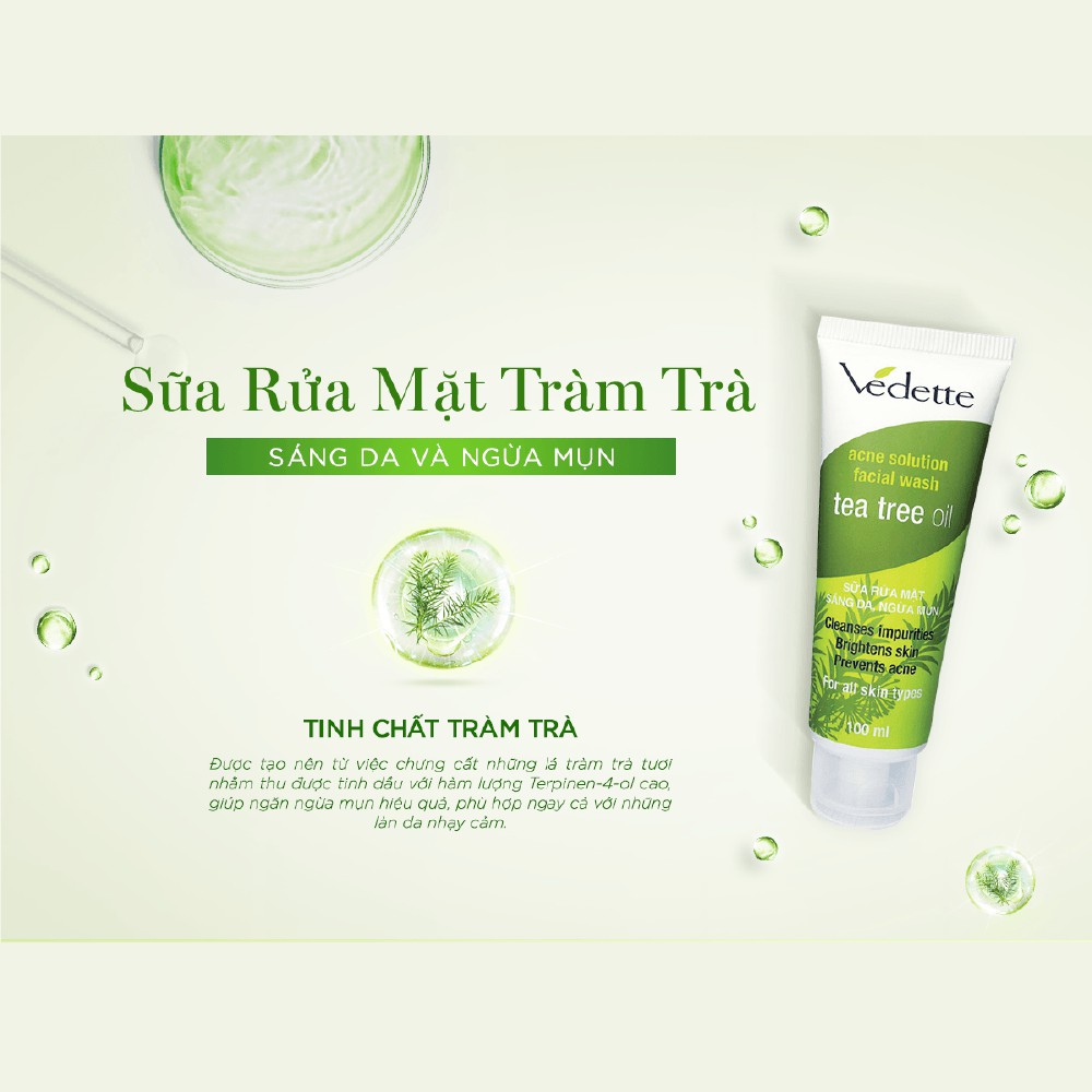 Sữa rửa mặt sáng da, ngừa mụn Vedette tinh dầu tràm trà (Tea Tree Oil) 100ml (TP05001005013)