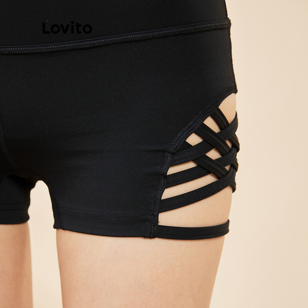 Quần ngắn thể thao Lovito lưng cao màu trơn phối chữ thập L15X228 (Màu đen)