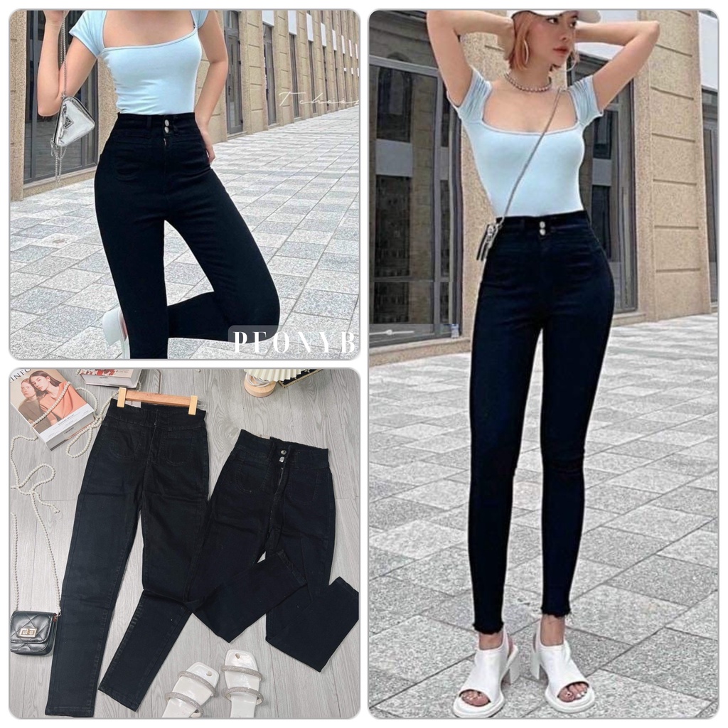 Quần Bò Cạp Cao Túi Chìm PEONYB Nữ [FREESHIP]  Jean dáng ôm body skinny kiểu hotgirl 2 khuy màu đen hàn quốc đẹp