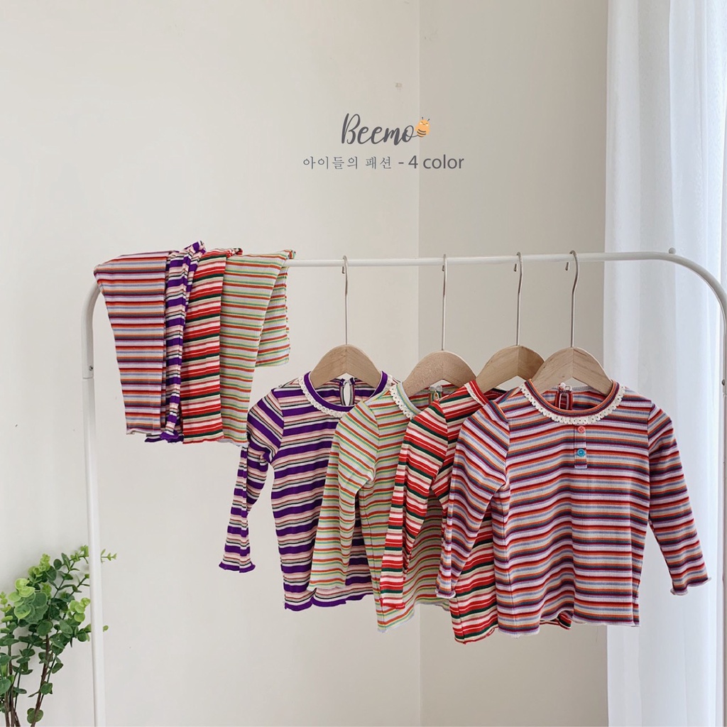 Bộ cotton kẻ ngang cá tính cho bé gái, bộ thu đông dài tay