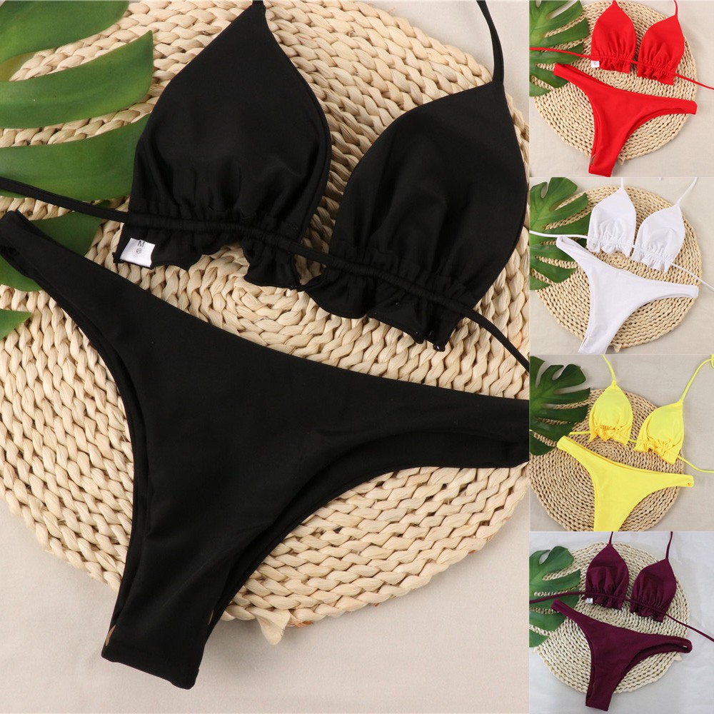 Bộ bikini 2 mảnh màu trơn phong cách Brazilian thời trang cho nữ