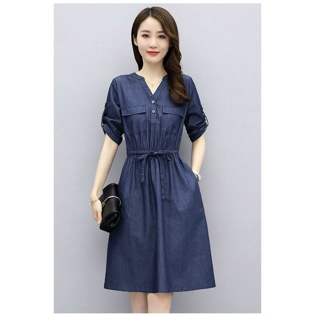 Váy, Đầm Jean Xoè Eo Cổ V