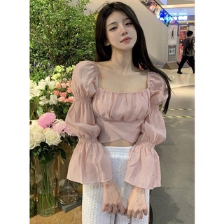 Sẵn hàng mới áo Voan croptop bánh bèo tay dài phồng thắt nơ ullzzang