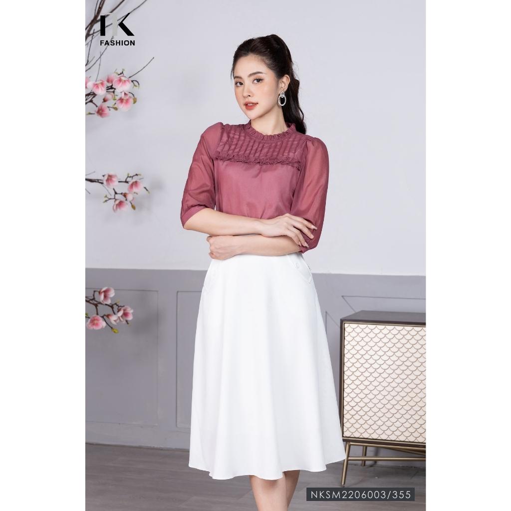 Áo Sơ Mi Nữ NK Fashion Thiết Kế Phối Bèo Nhún Tay Lỡ Cổ Tròn Nữ Tính, Chất Vải Voan Nhập Mềm Mịn NKSM2206003