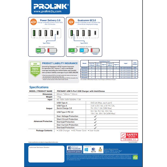 Củ sạc nhanh 60W PROLiNK PDC56001 có 5 cổng (1 USB-C & 4 USB-A) dành cho Macbook, iPhone, iPad, Samsung, Xiaomi