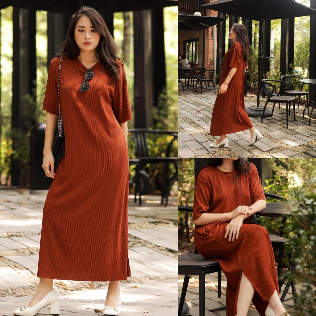 Váy cotton li gân cao cấp, Đầm phom suông dài che khuyết điểm, cỏ xẻ tà 2 bên Macs Alway Dress