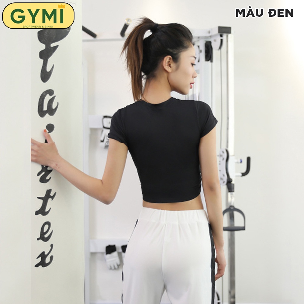 Áo croptop tập gym yoga nữ chất thun lạnh GYMI AC20 dáng cộc ngắn tay phối lưới trước ngực kèm nhúm eo