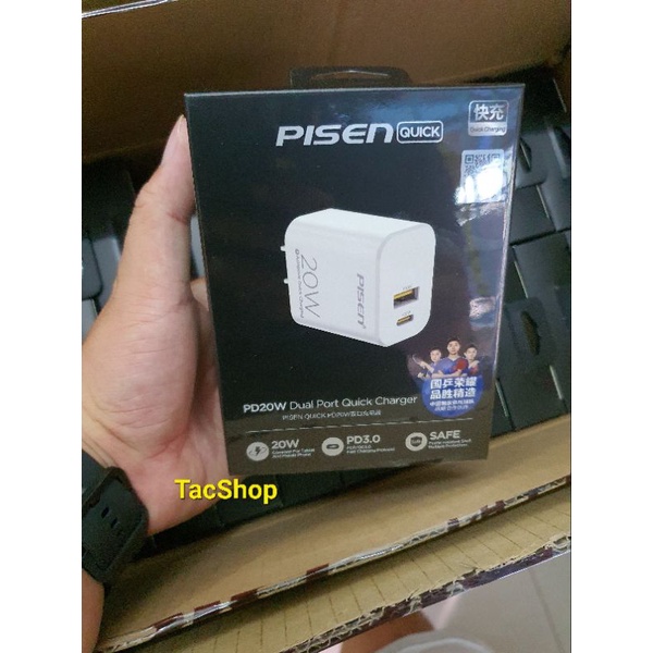 Cốc sạc nhanh 2 cổng Pisen RY01520W1C1AC hỗ trợ USB QC 3.0 và TypeC PD 20W - BH 12 tháng
