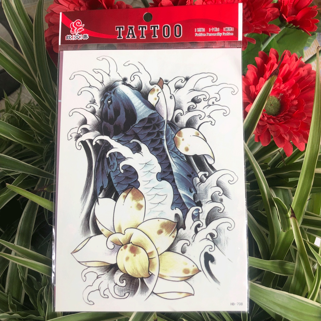 HB-708-Hình Xăm Dán 3D Cho Tay, Ngực, Vai, Lưng Tattoo - CÁ CHÉP BƠI