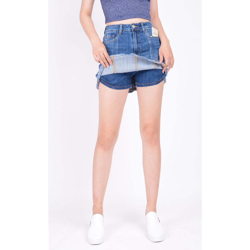 Chân váy jean nữ có quần bên trong đẹp lưng cao cạp cao xước nhẹ gân gấu tua rua hàng hiệu cao cấp mã 4160 VANIZEN