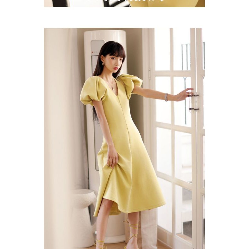 (Hàng oder) Váy đầm màu vàng tay ngắn phồng dáng dài xòe. Váy đầm cổ V tay phồng dáng xòe. Váy đầm mẫu hot năm 2021