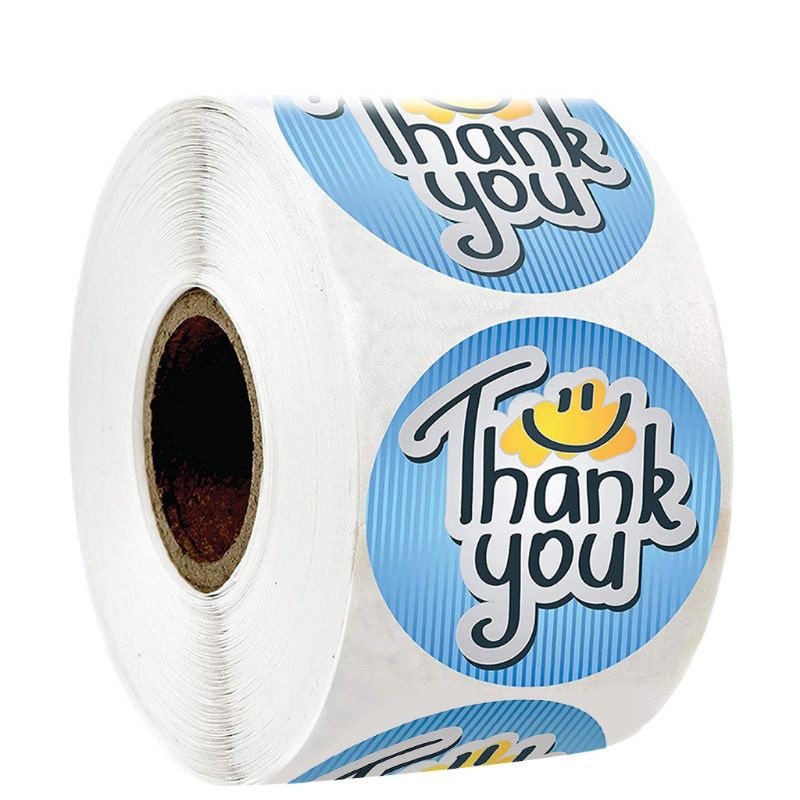 Cuộn 500 miếng dán chữ THANK YOU màu xanh mặt cười gói hàng, gói quà, gói bánh, trang trí tiện dụng