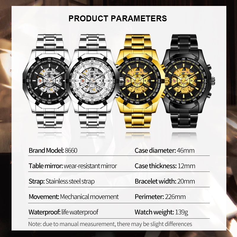 OPK 8660 Watch Men Genuine Automatic  Mechanical Waterproof Stainless Steel Strap Gold-plated Luminous Cool Unique