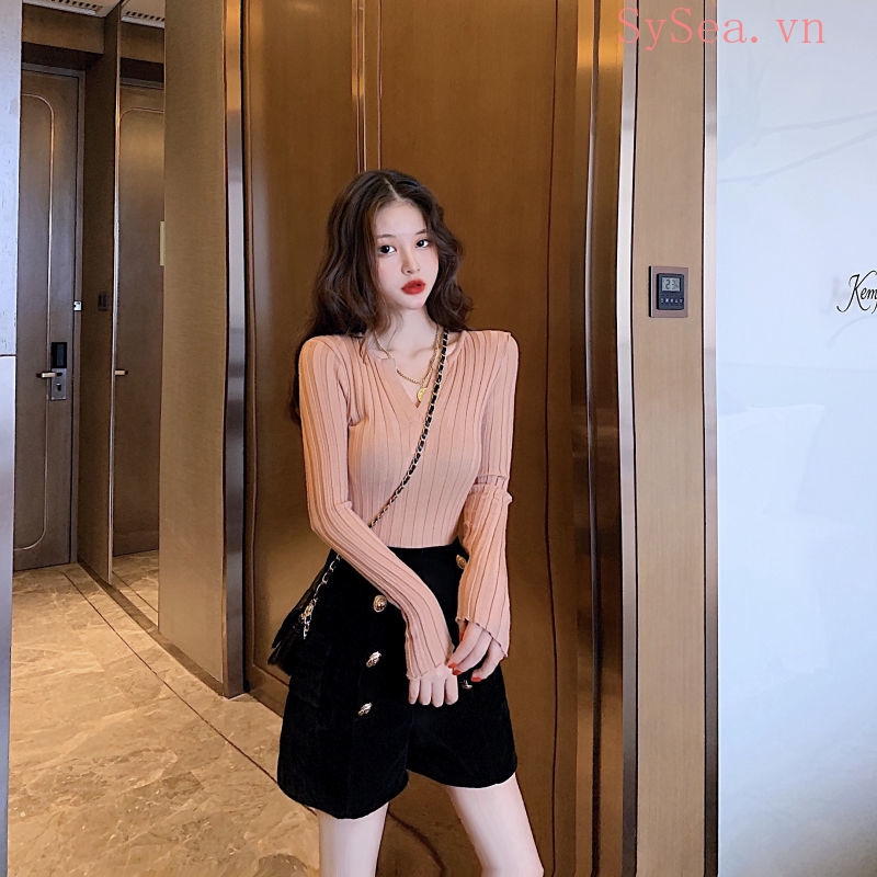 Áo Dệt Kim Tay Dài Cổ Chữ V Gợi Cảm Thời Trang Cho Nữ