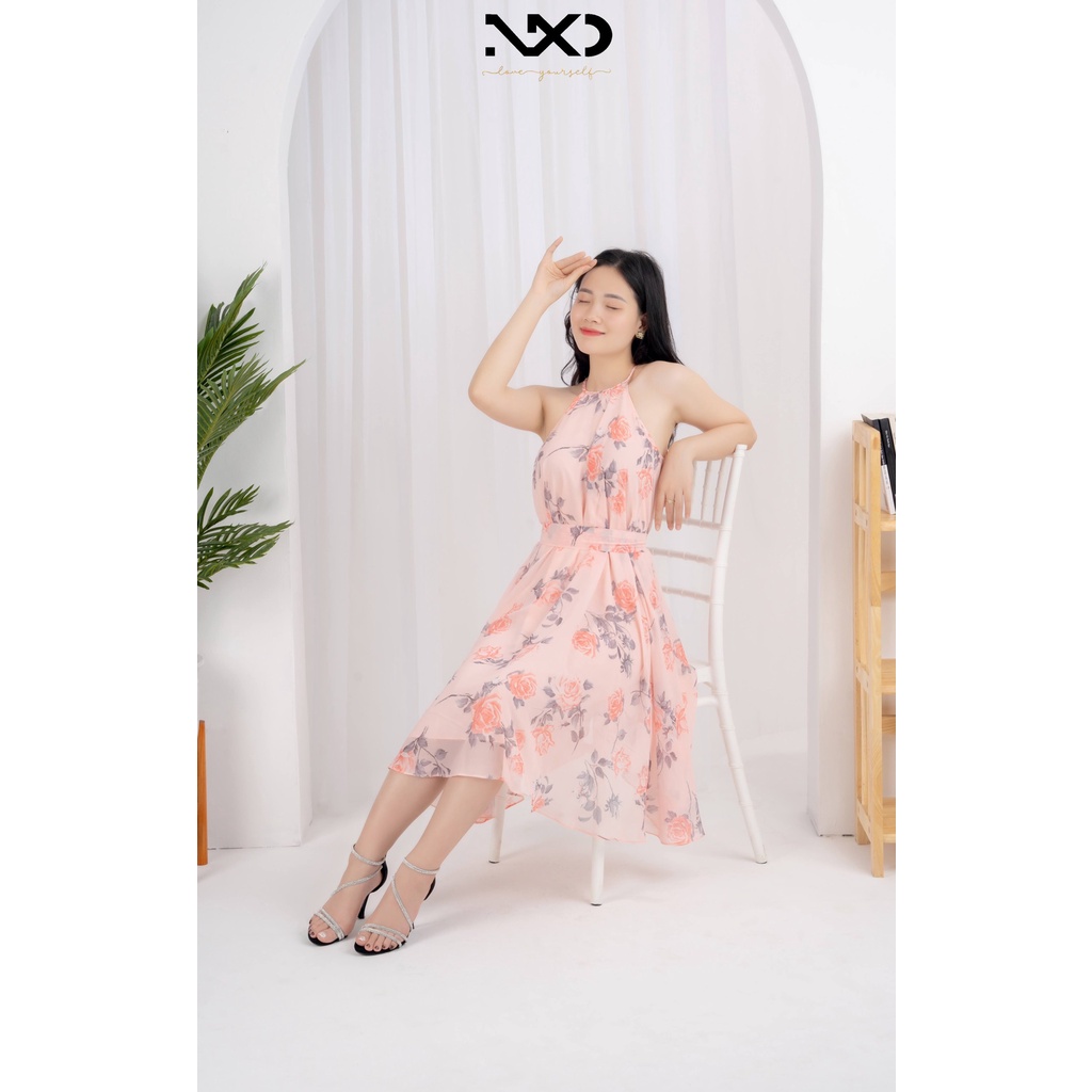 Đầm xòe đi biển hoa xanh cổ yếm- Thương hiệu NXD- Mã DXDB02