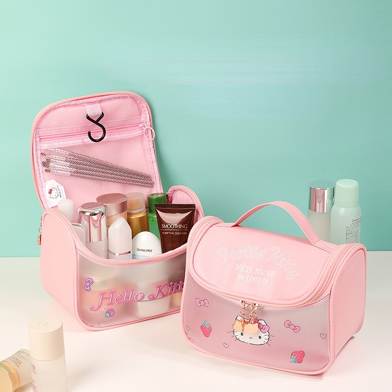 Túi Đựng Mỹ Phẩm Cầm Tay Bằng Da PU Chống Thấm Nước Họa Tiết Hoạt Hình Hello Kitty