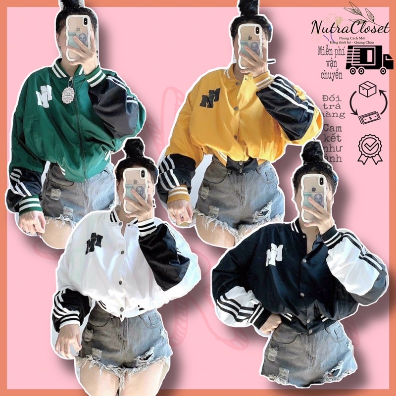 Áo khoác lửng croptop dù 2 lớp in MM phối sọc tay phồng cánh dơi unisex ulzzang nam nữ