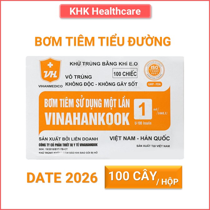 Hộp 100 bơm tiêm tiểu đường Vinahankook (1ml/100IU, 30G)