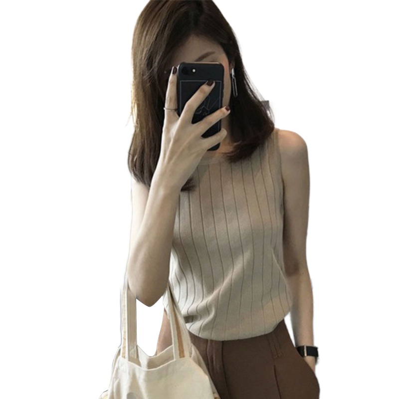 Áo Tank Top Dệt Kim Mỏng Không Tay Cổ Tròn Màu Trơn Đơn Giản Thời Trang Mùa Hè Cho Nữ