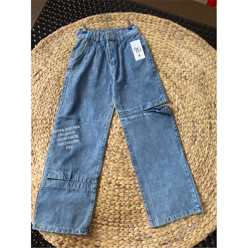 Quần baggy jean ống suông kèm dây nịt rách sườn | BigBuy360 - bigbuy360.vn