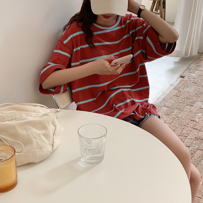 Áo thun nữ Tay lỡ Form Dài rộng Giấu quần Xẻ tà Cổ tròn Kẻ sọc ngang Áo phông nữ Cotton Ulzzang Hàn Quốc Thời trang