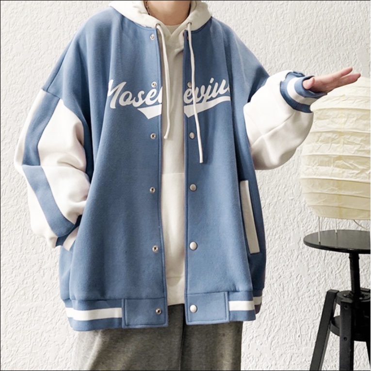 Áo khoác bóng chày nam nữ cổ tròn phong cách Hàn Quốc in họa tiết hoạt hình đường phố cho nữ ovesize ulzzang siêu đẹp cotton Thời trang áo choàng unisex