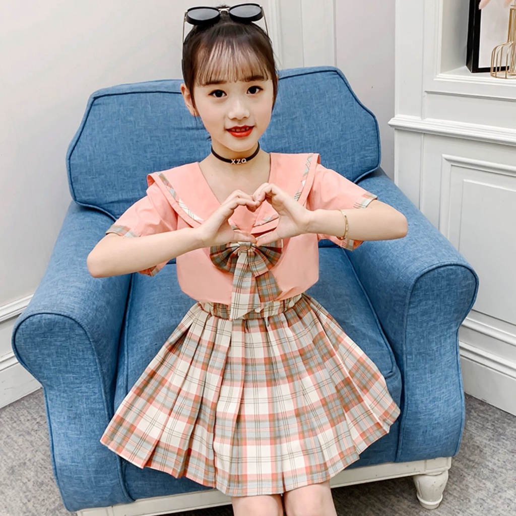 ❀Hàng giao ngay❀4-14 tuổi, quần áo trẻ em Bộ Đồng Phục Hai Mảnh Xuân Hè 2022 Với Chân Váy Xếp Ly Nhỏ Phong Cách Preppy Cho Bé Gái