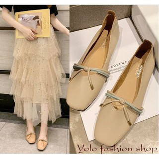 Giày bệt búp bê nữ đế bằng da mềm mũi vuông thắt nơ vintage hàng QC cao cấp - Kèm hình thật