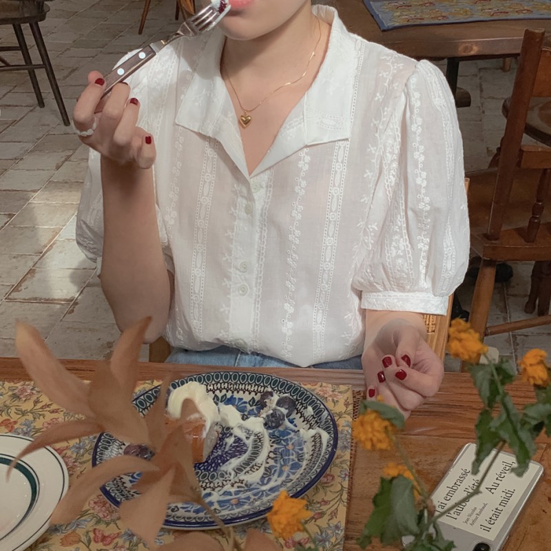Áo kiểu Xiaozhainv tay phồng phối ren thêu họa tiết phong cách Hàn Quốc thời trang mùa hè cho nữ