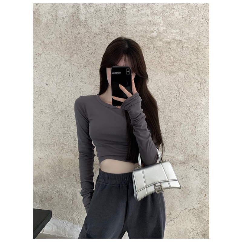 Áo Thun Lửng Tay Dài Màu Trơn Dễ Phối Đồ Thời Trang Cho Nữ