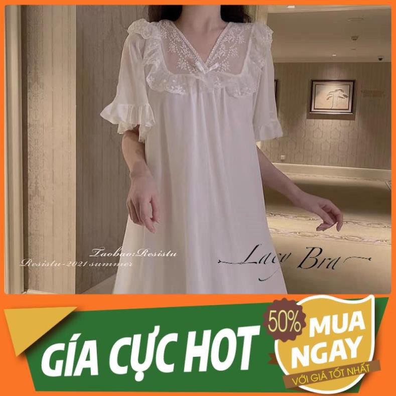 Váy Ngủ Voan Mỏng Kiểu Dáng Xuông Dài Cổ Điển Phối Bèo Siêu Xinh Lacy Bra - V15
