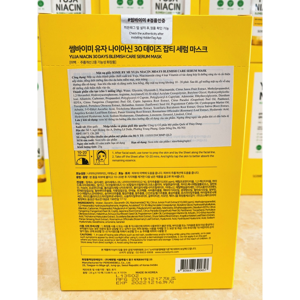 Hộp 10 Miếng Mặt Nạ Dưỡng Trắng Da Some By Mi Yuja Niacin Blemish Care Serum Mask Hàn Quốc