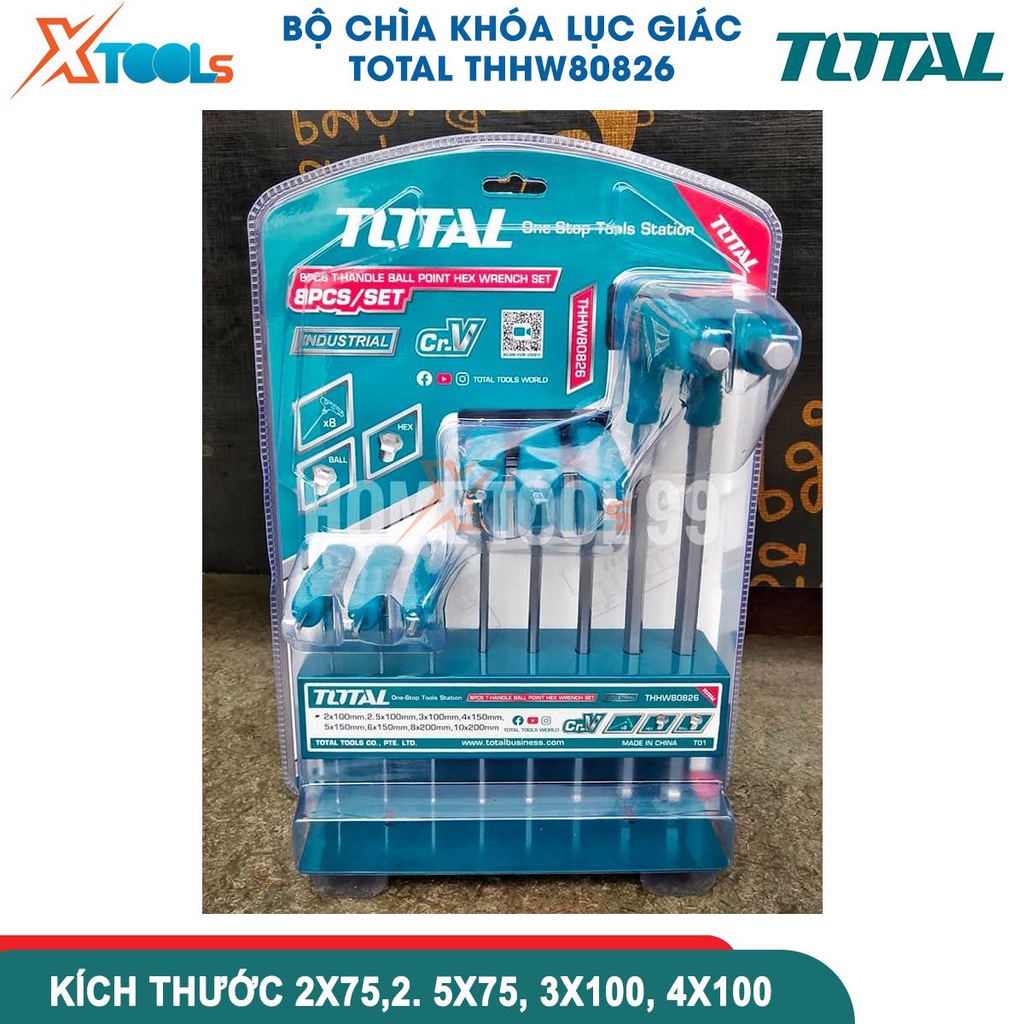 Bộ 8 chìa vặn lục giác tròn tay cầm T TOTAL THHW80826, chất liệu: Cr-V, xử lý nhiệt và mạ chrome -CHÍNH HÃNG-XTOOLS