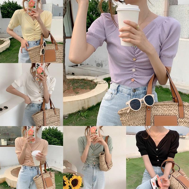 Áo Dệt Kim Tay Ngắn Cổ Chữ V Màu Trơn Phong Cách Hàn Quốc