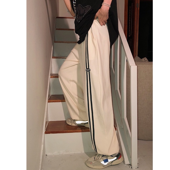 Quần Thể Thao Lưng Cao Ống Rộng Họa Tiết Kẻ Sọc Size S-4XL Phong Cách Hong Kong Cho Nữ