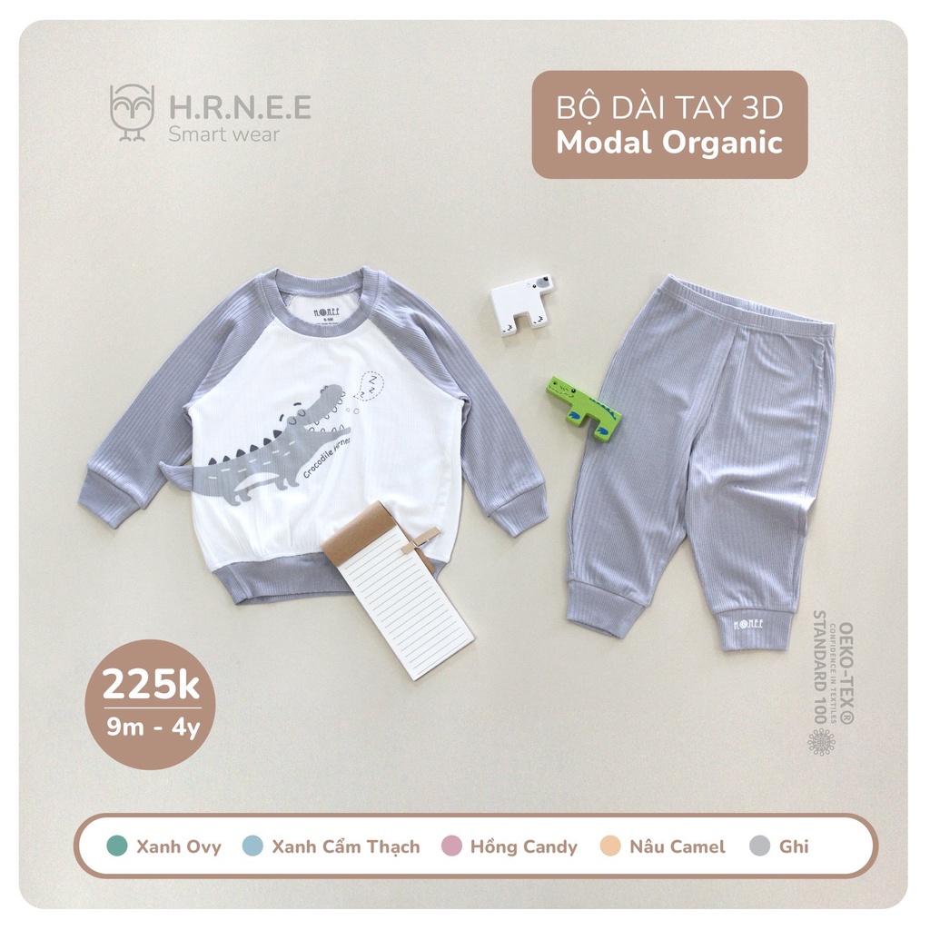 Bộ dài tay 3D Modal Organic Hrnee dành cho bé trai bé gái mặc điều hòa