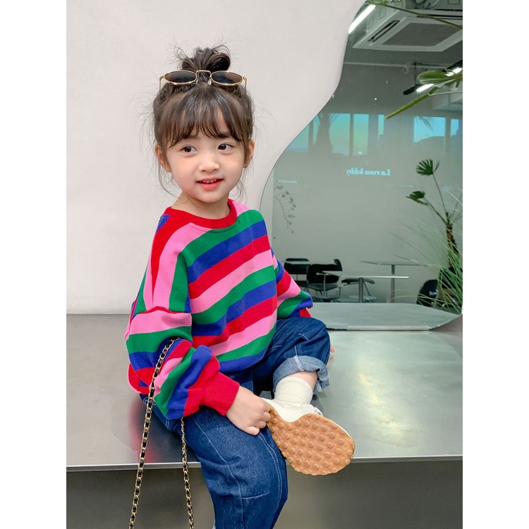 Áo Sweater Dáng Rộng Kẻ Sọc Cầu Vồng Phong Cách Hàn Quốc Thời Trang Mùa Thu 2023 Mới Cho Bé Gái