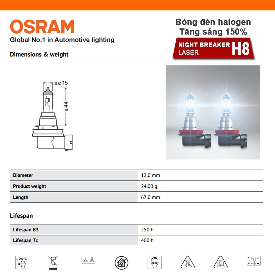 Bóng đèn halogen tăng sáng 150% OSRAM NIGHT BREAKER LASER H8 12v 35w