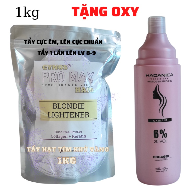 Thuốc tẩy tóc Cynos Promax Hạt Tím Hỗ Trợ Khử Vàng  1kg Tẩy 1 lần lên lv 8-9 Tặng oxy