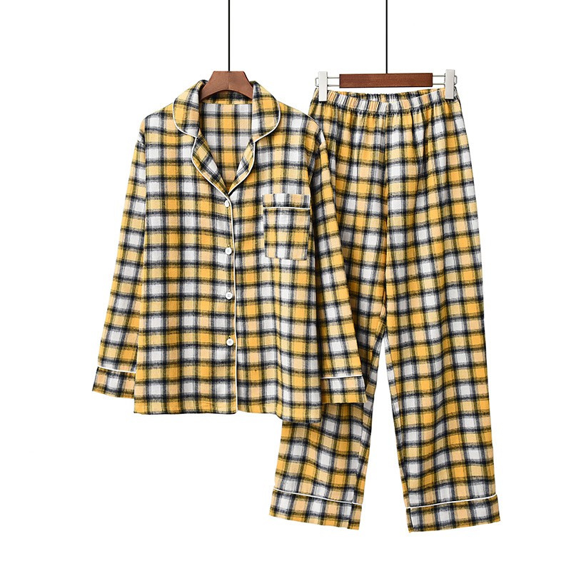 Bộ pyjama nữ mặc nhà vải thô cotton suông rộng họa tiết kẻ caro vàng