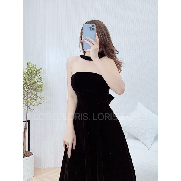 Đầm dự tiệc vải nhung màu đen nơ sau lưng quý phái