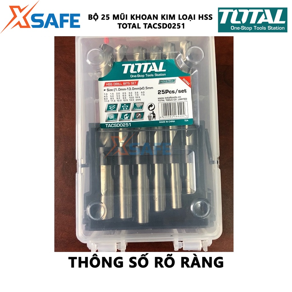 Bộ mũi khoan kim loại HSS 25 chi tiết TOTAL TACSD0251 Bộ 25 mũi khoan sắt kích thước từ 1-13mm/0.5mm, thép M2 tốc độ cao