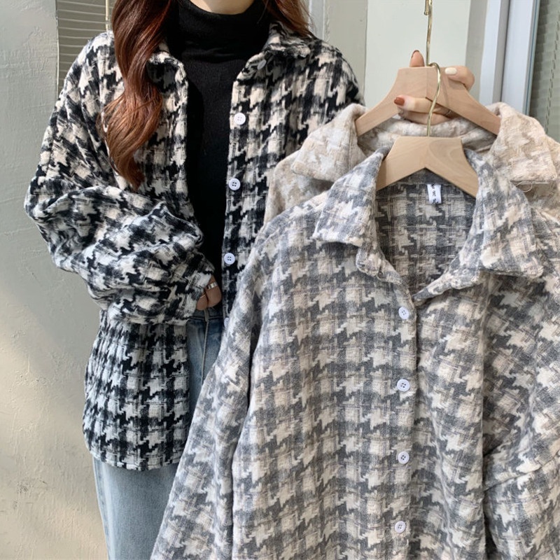 Áo Sơ Mi Dáng Rộng Dày Dặn Họa Tiết Houndstooth 120255 Áo Khoác Cardigan Tay Dài Phong Cách Retro Thời Trang Mùa Thu