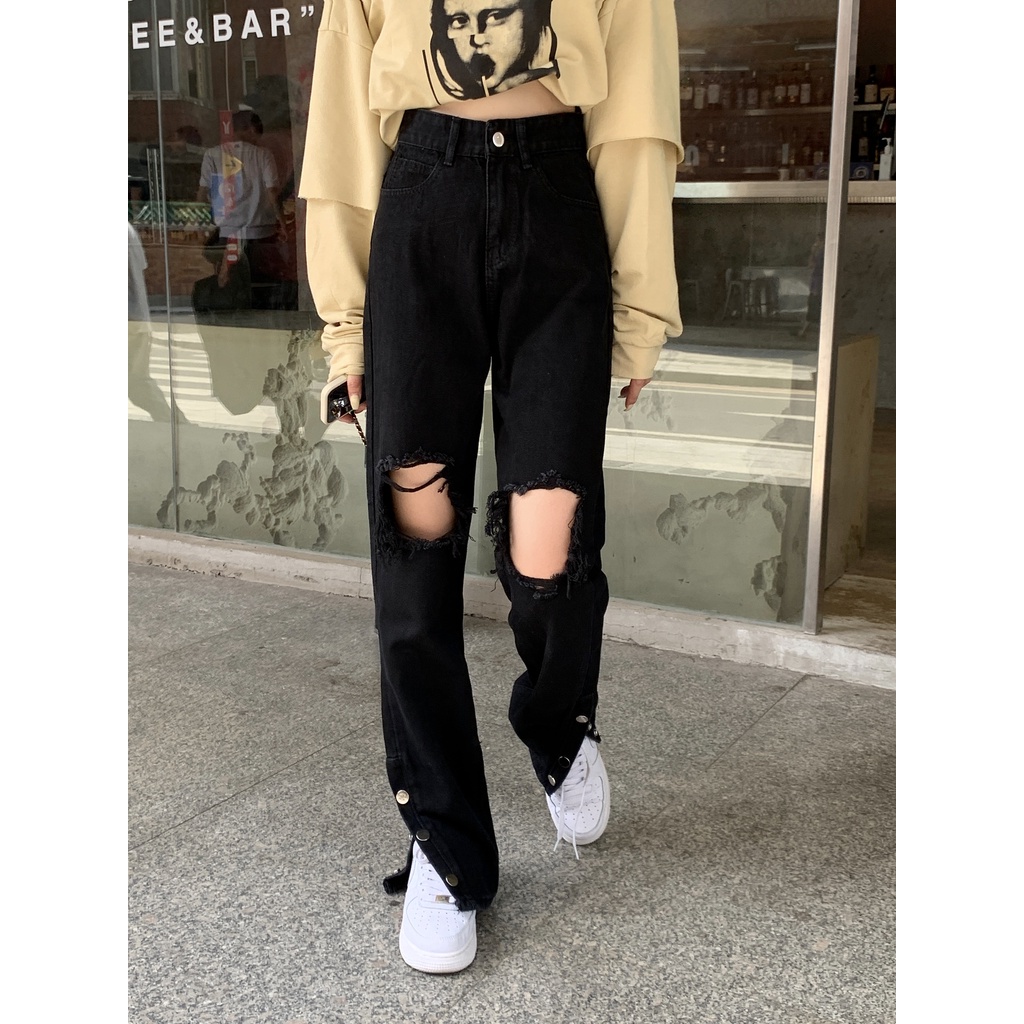 Quần jean ống suông gấu xẻ gài khuy màu đen thiết kế rách lỗ phong cách đường phố cổ điển thời trang Mỹ dành cho nữ
