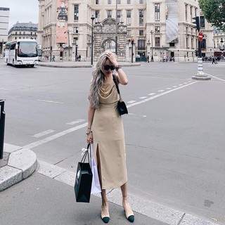 ĐẦM NUDE 2 DÂY CỔ ĐỔ XẺ TÀ