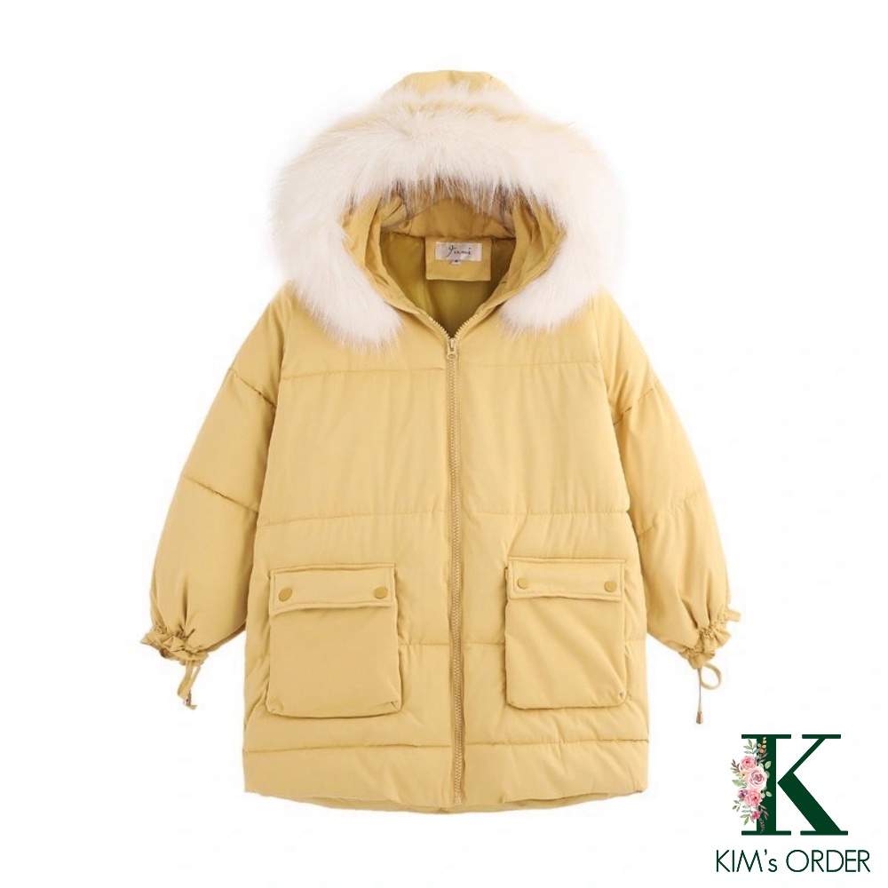 Áo khoác phao nữ màu đen be vàng xanh dài tay có mũ khoá kéo túi hai bên phong cách Hàn Quốc dáng rộng dày dặn | BigBuy360 - bigbuy360.vn