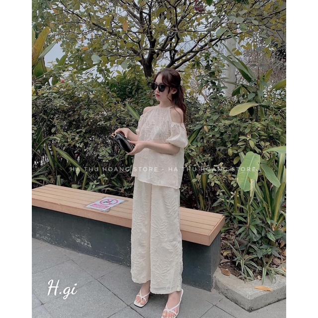 Set ren trễ vai quần dài tiểu thư xinh xắn