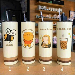 Ly - Bình đựng nước giữ nhiệt có ống hút in họa tiết hoạt hình dễ thương