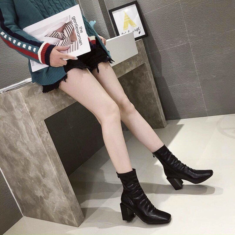 Giày Boots khóa kéo nữ SNU12 cao cổ da PU cổ lửng đế độn đế to bự đơn giản phong cách cá tính đi chơi đẹp