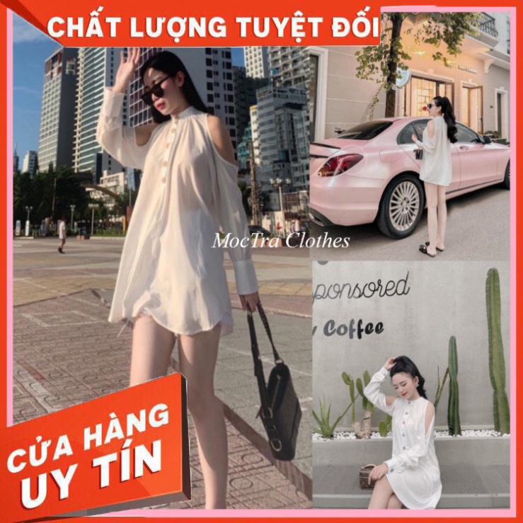 Áo váy sơ mi trắng khoét vai tiểu thư dài tay hàng đẹp, Váy suông nữ dáng giấu quần trễ vai siêu xinh - SIÊU HOT